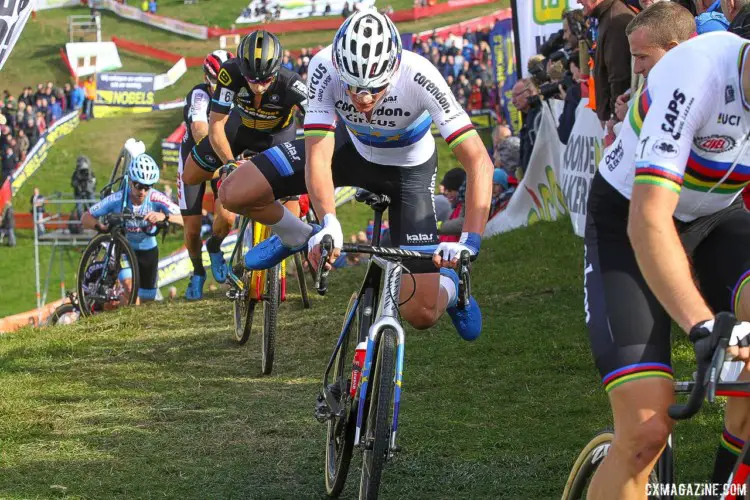 Mathieu van der Poel rode with the group before riding away. 2018 Brico Cross Ronse / Hotondcross. © B. Hazen / Cyclocross Magazine