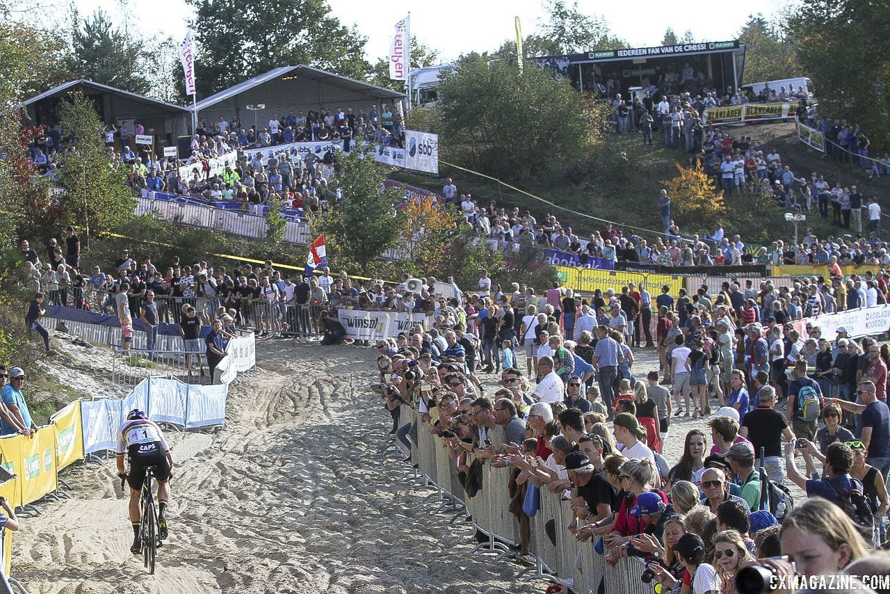 Fans look on as Wout van Aert chases. 2018 Superprestige Gieten. © B. Hazen / Cyclocross Magazine