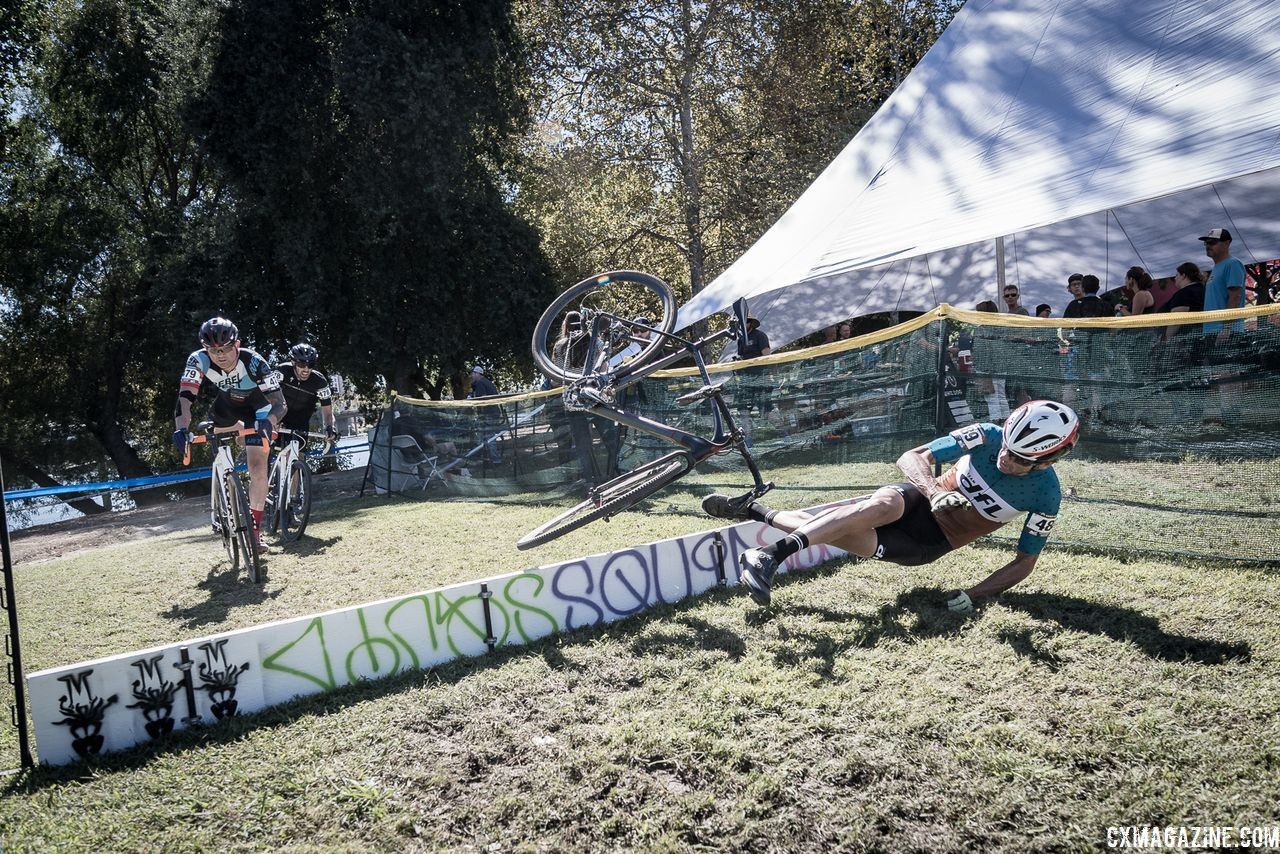 At times the Squid barriers raised their tentacles and attacked. 2018 West Sacramento CX Grand Prix. © J. Vander Stucken / Cyclocross Magazine