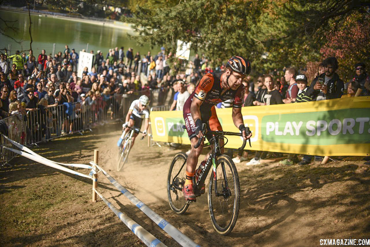 Daan Soete started strong with Van Aert and Van der Poel but faded as the race progressed. 2018 World Cup Bern, Switzerland. © E. Haumesser / Cyclocross Magazine