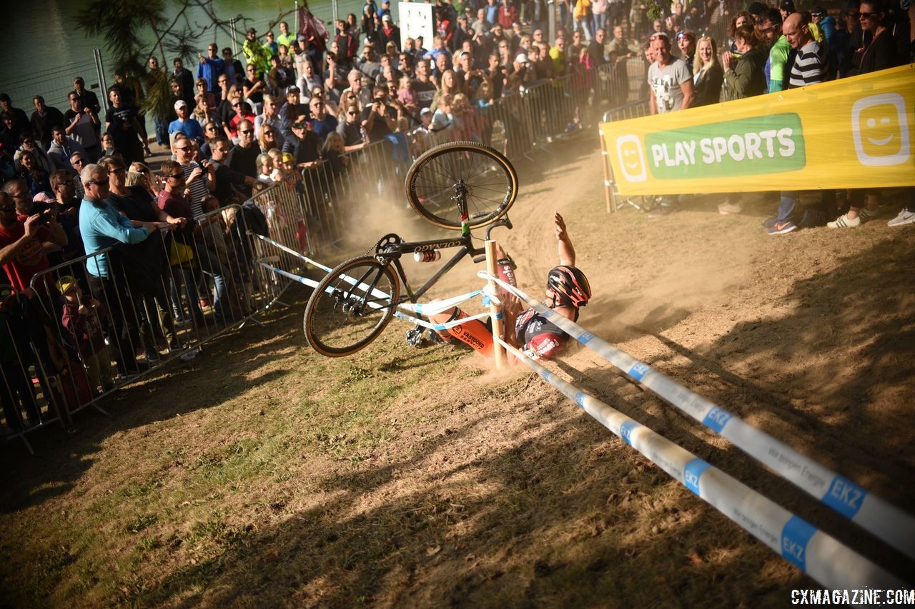 Laurens Sweeck took a costly spill that left him chasing on the fast course. 2018 World Cup Bern, Switzerland. © E. Haumesser / Cyclocross Magazine
