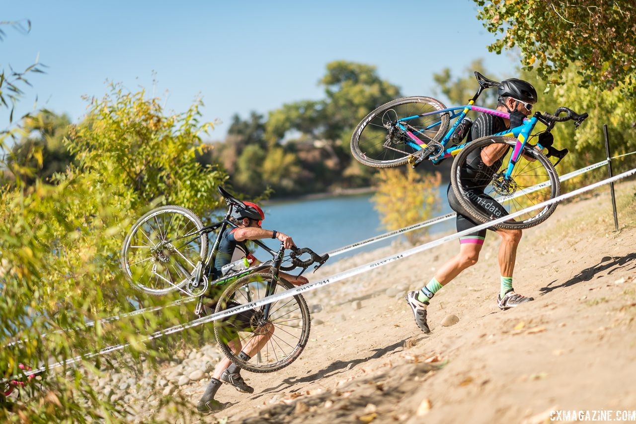 Riders climb a steep run-up. 2018 Sacramento Cyclocross #2, Miller Park. © J. Vander Stucken / Cyclocross Magazine
