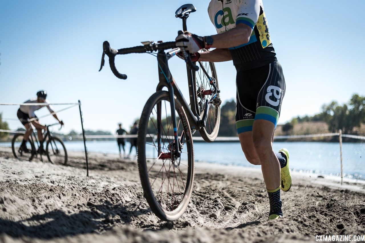 Riders used different strategies in the sand. 2018 Sacramento Cyclocross #2, Miller Park. © J. Vander Stucken / Cyclocross Magazine