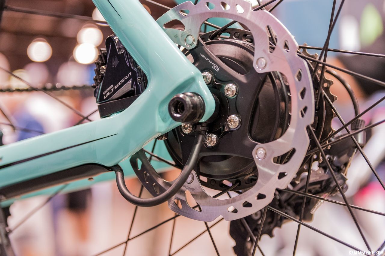 Subtle wire exits the left chainstay to power the hub-centric motor. Bianchi Orso, Impulso All Road and E-Road Aria, Interbike 2018. © C. Lee / Cyclocross Magazine