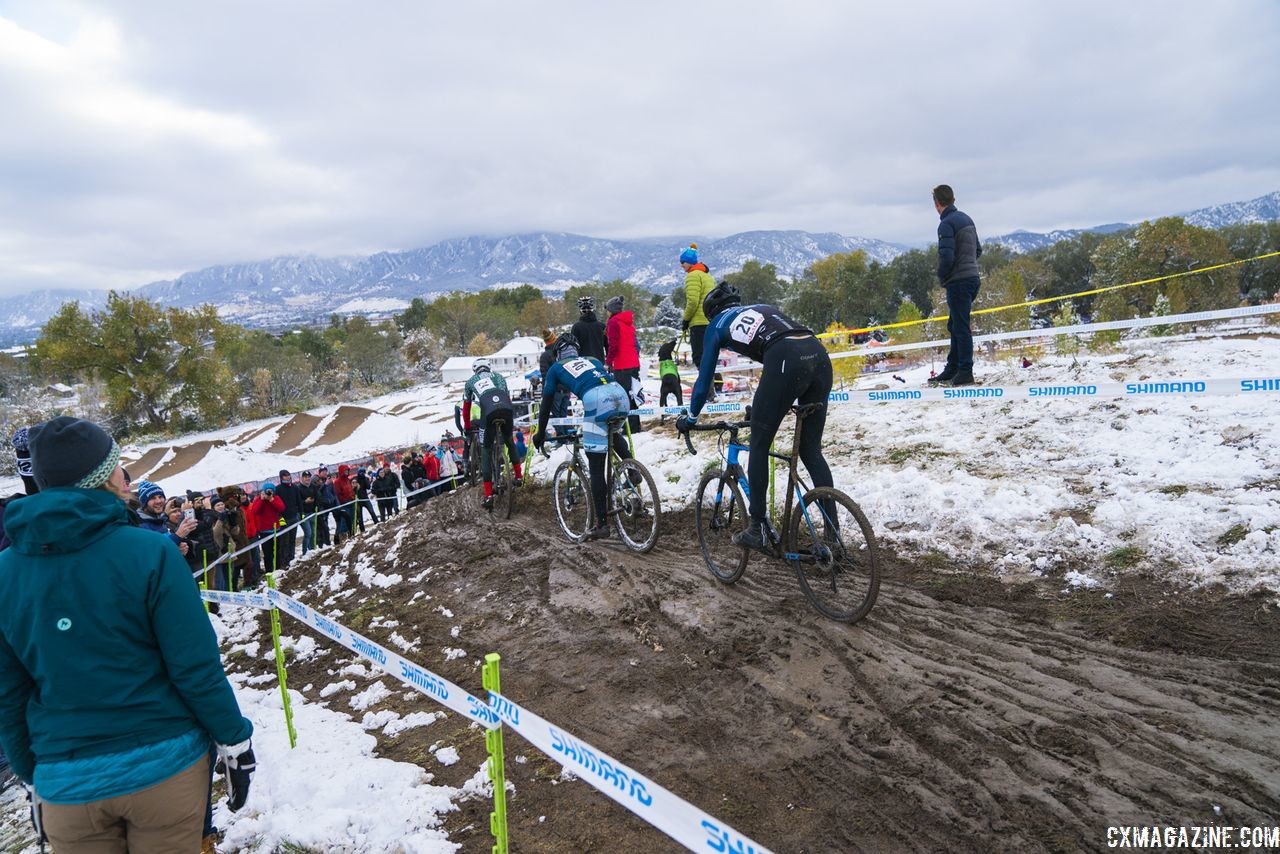 Riders deal with one of the muddy off-cambers. 2018 US Open of Cyclocross, Day 2. © Col Elmore