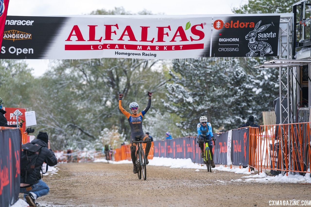 Clara Honsinger celebrates her second win of the weekend. 2018 US Open of Cyclocross, Day 2. © Col Elmore
