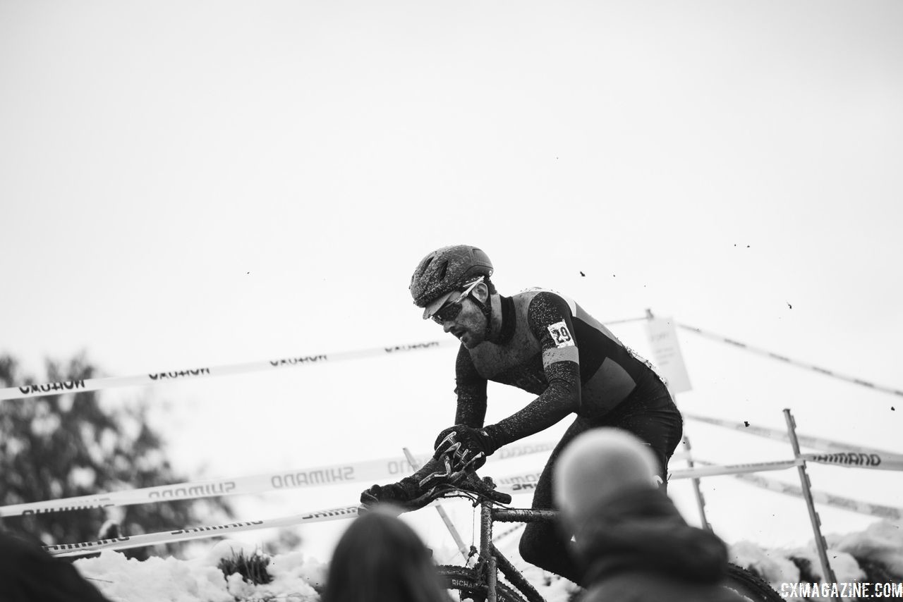 Samuel O'Keefe got the full experience of the winter conditions in October. 2018 US Open of Cyclocross, Day 2. © Col Elmore
