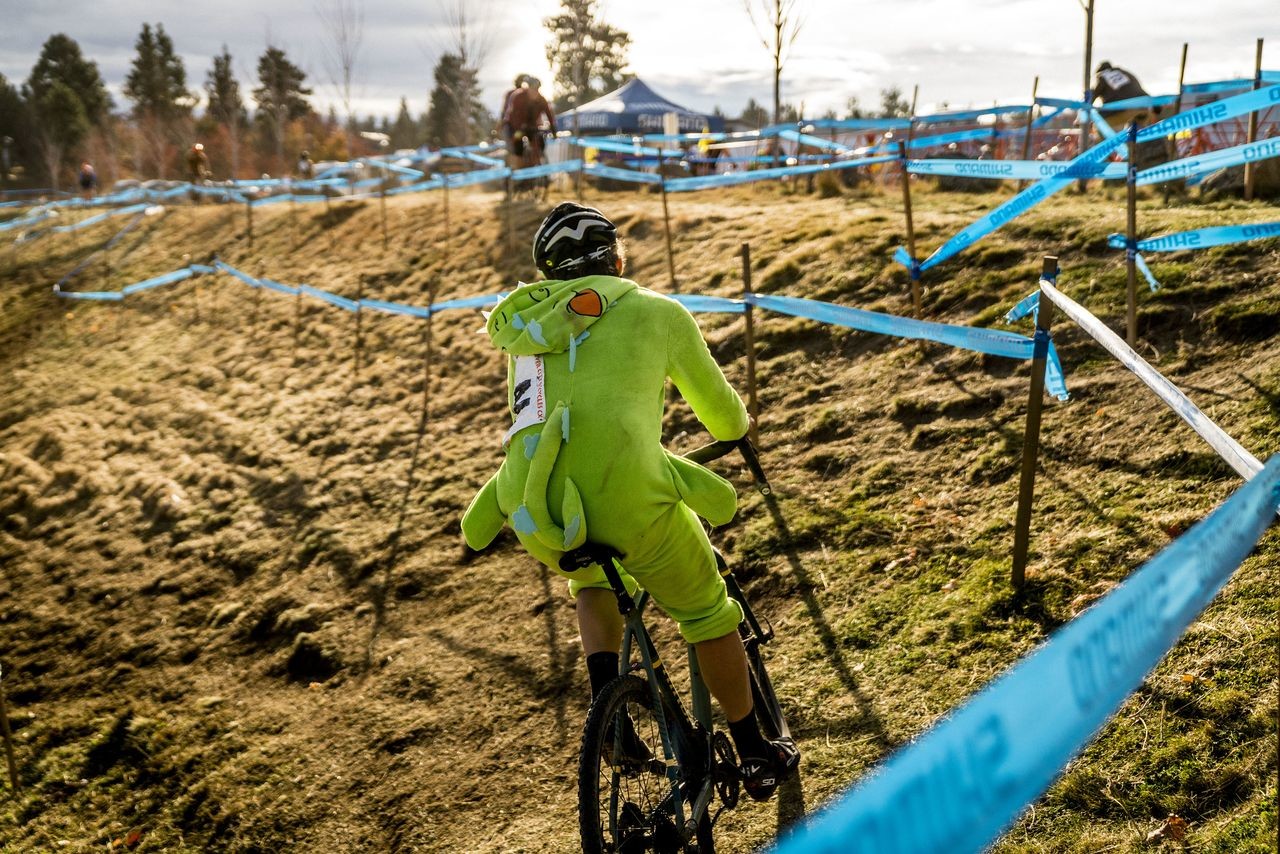 Reptar navigates the off-camber.. 2018 Cyclocross Crusade Halloween Race at Deschutes Brewery, Bend, OR. © Ben Guernsey