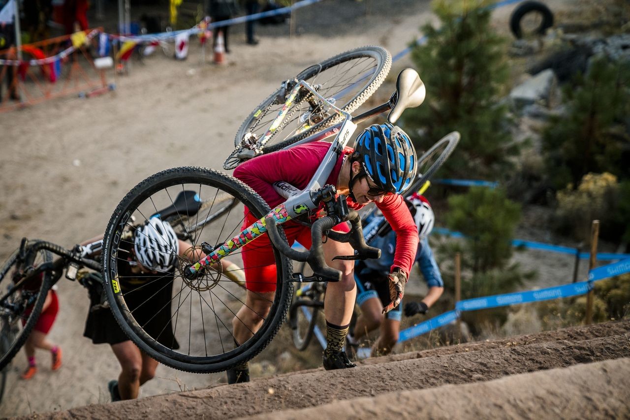 Steeper than they look. 2018 Cyclocross Crusade Halloween Race at Deschutes Brewery, Bend, OR. © Ben Guernsey