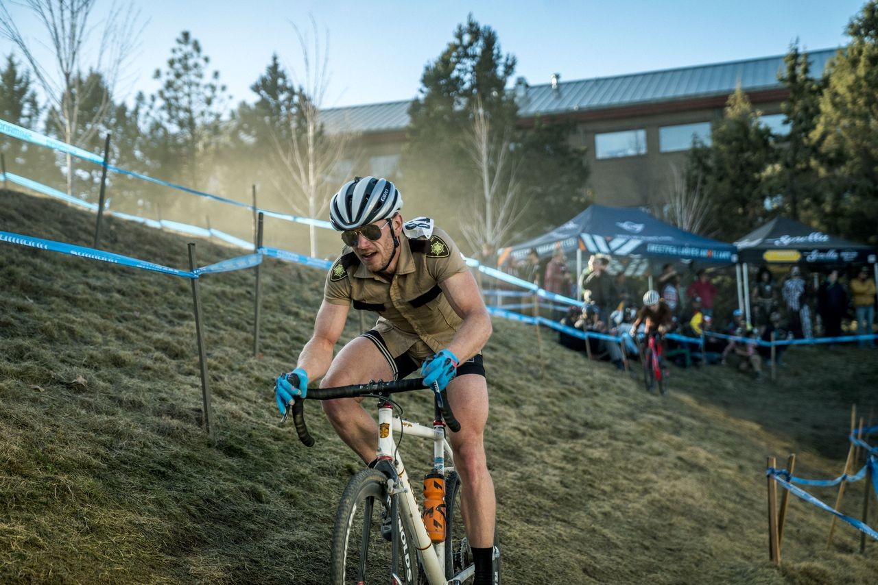 Dangle in hot pursuit. 2018 Cyclocross Crusade Halloween Race at Deschutes Brewery, Bend, OR. © Ben Guernsey