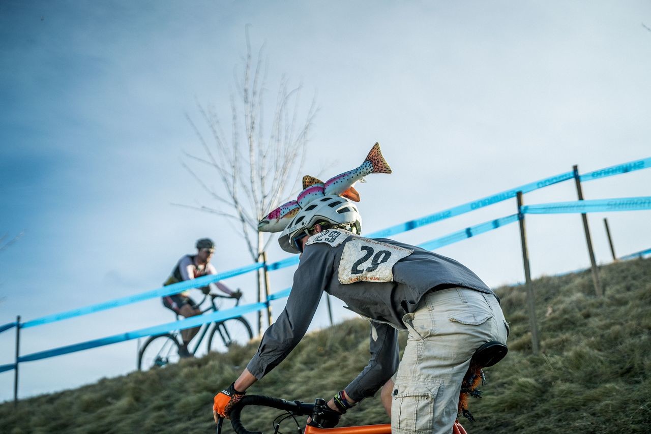 Salmon swimming up stream. 2018 Cyclocross Crusade Halloween Race at Deschutes Brewery, Bend, OR. © Ben Guernsey