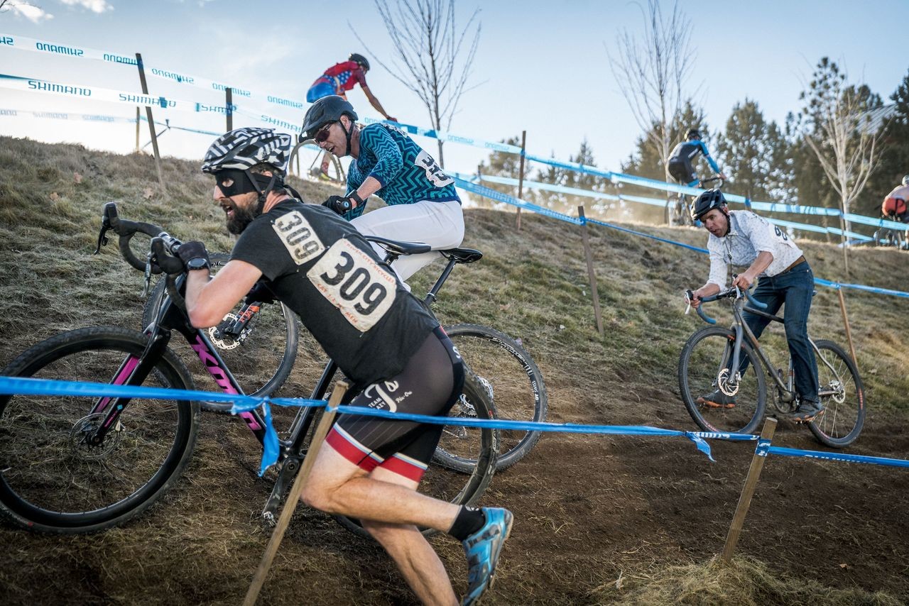 Some of the off-cambers were steeeeep. 2018 Cyclocross Crusade Halloween Race at Deschutes Brewery, Bend, OR. © Ben Guernsey