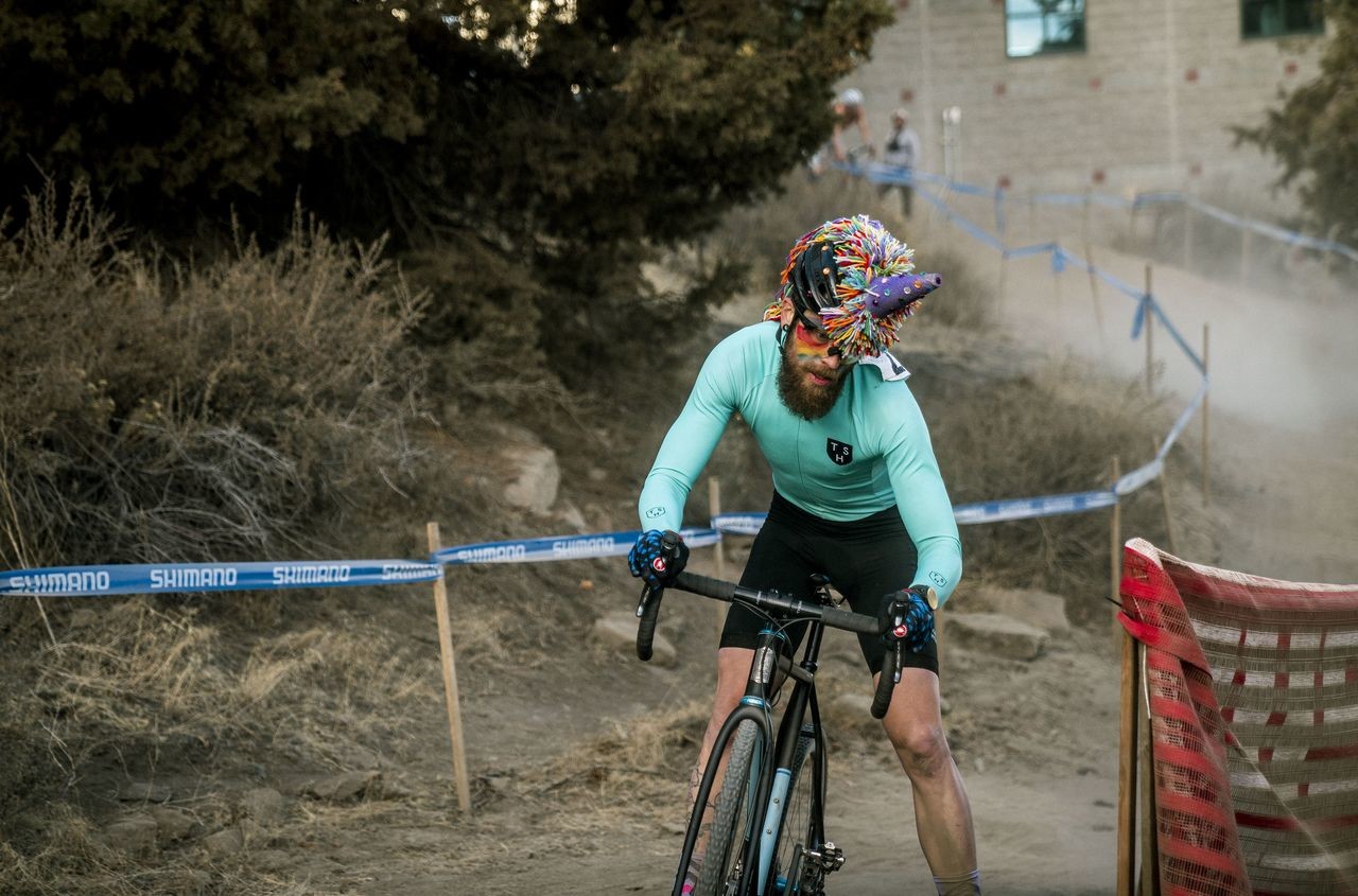 Josh Kelley attempts to pull out an early lead. 2018 Cyclocross Crusade Halloween Race at Deschutes Brewery, Bend, OR. © Ben Guernsey