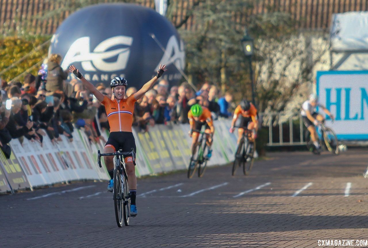 Annemarie Worst celebrates her win as Vos and Betsema sprint for second. 2018 European Cyclocross Championships, Rosmalen, Netherlands. © B. Hazen / Cyclocross Magazine