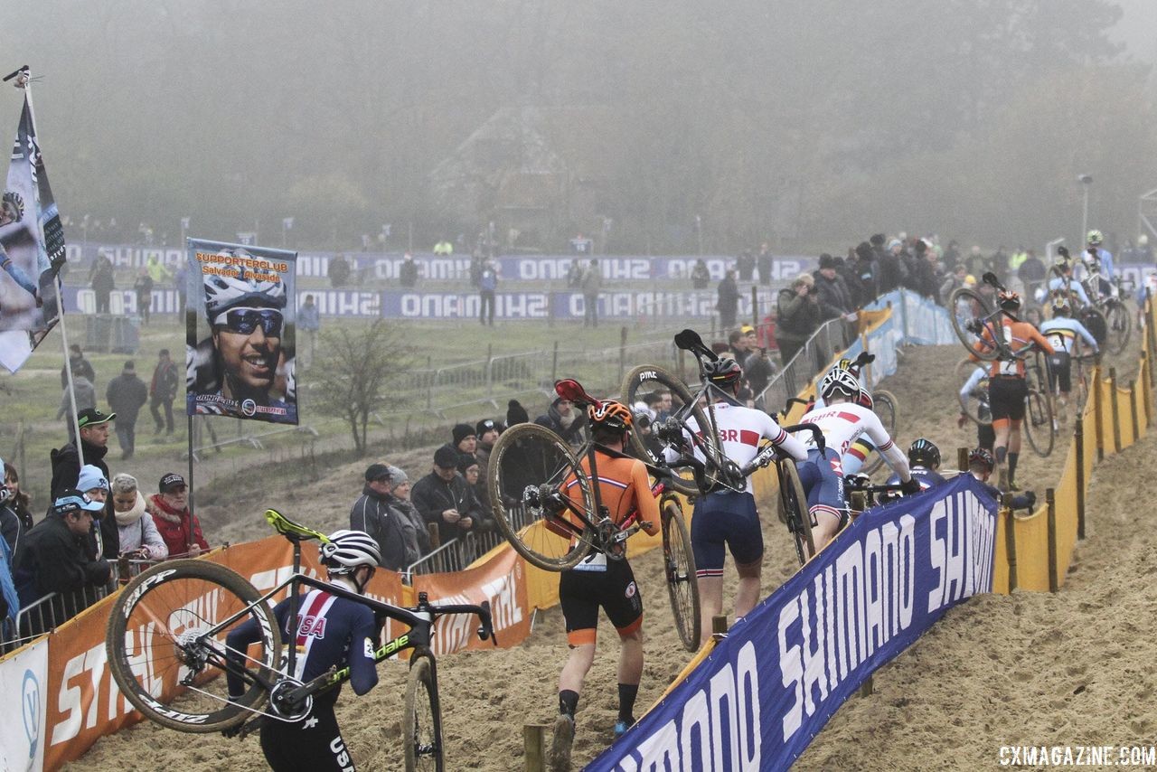 Riders face down another of the long running sections. 2018 World Cup Koksijde. © B. Hazen / Cyclocross Magazine