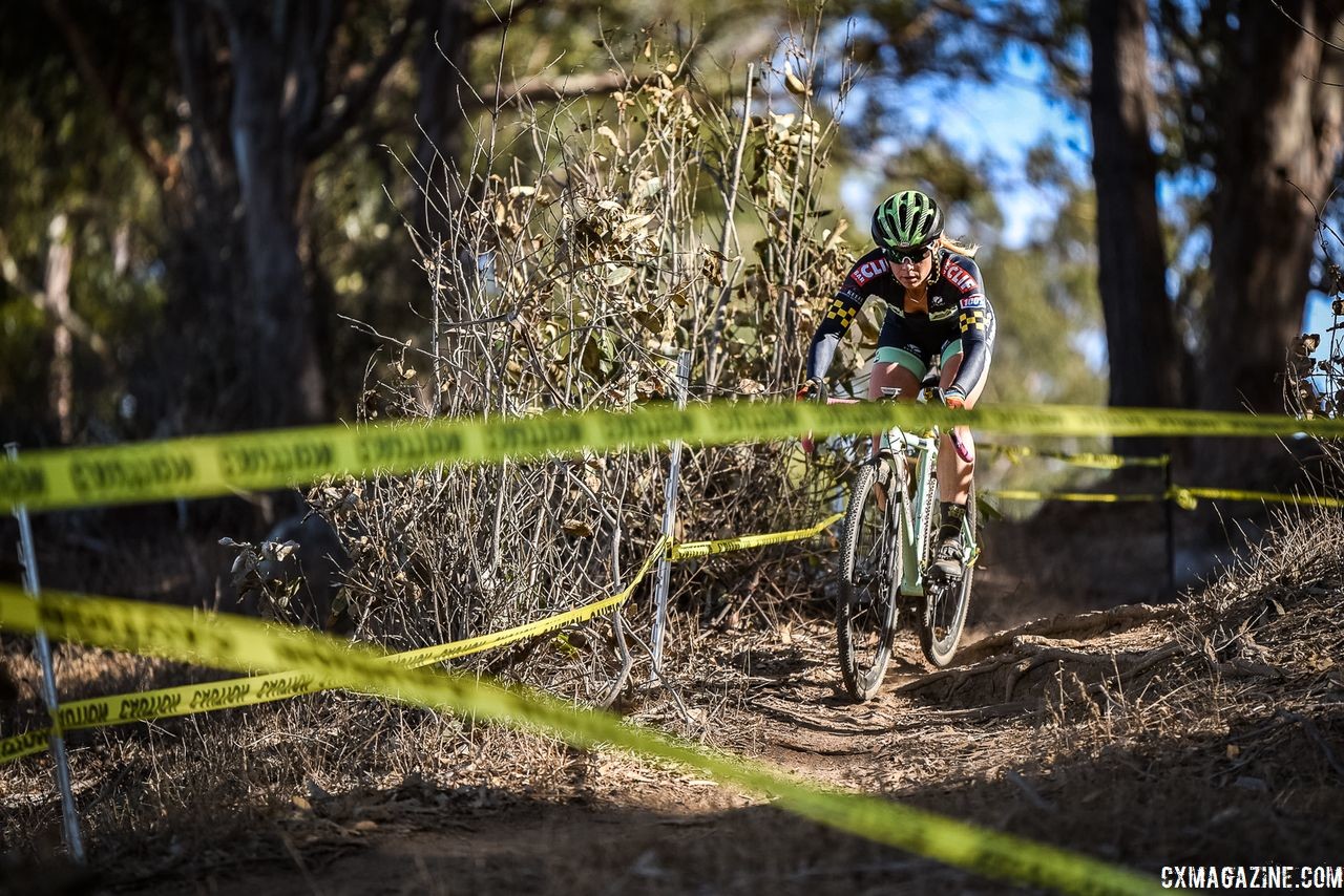 Caroline Nolan won the Women's A race. 2018 Coyote Point Cyclocross Race 1, San Mateo, California. © J. Vander Stucken / Cyclocross Magazine