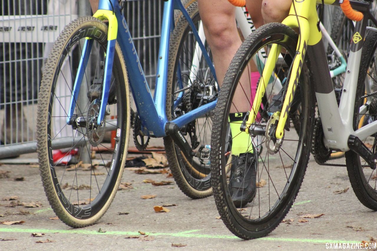 Erica Zaveta (left) ran Vittoria Terreno Wet tires and Rebecca Fahringer (right) ran Maxxis All Terrane tubulars. 2018 Pan-American Cyclocross Championships, Midland, Ontario. © Z. Schuster / Cyclocross Magazine