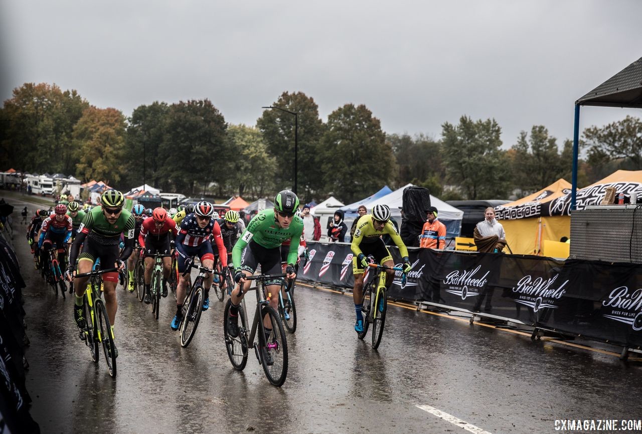 Elite Men rip through the wet holeshot. 2018 Cincinnati Cyclocross Day 1. © Greg Davis