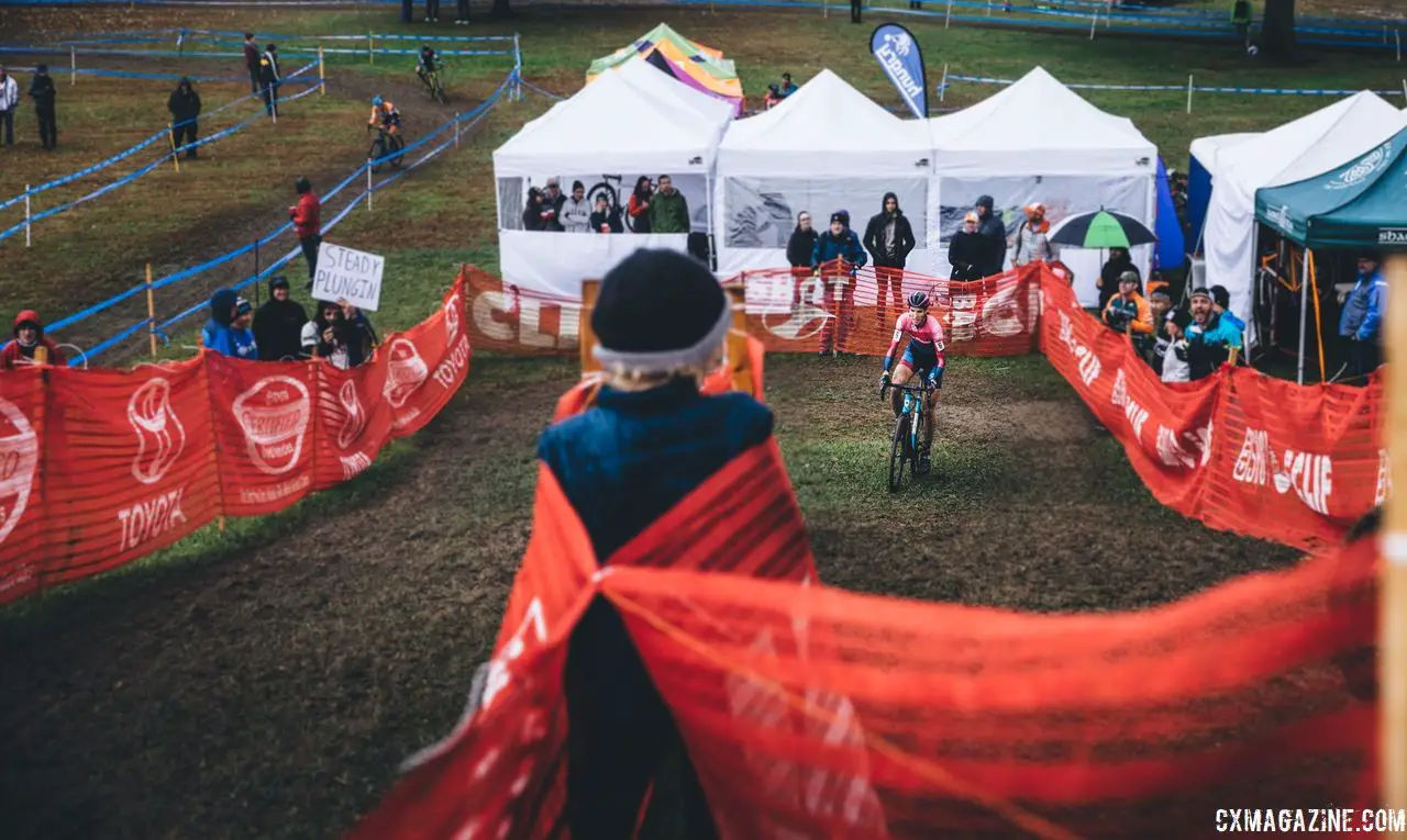 Sunny Gilbert winds her way through the snow fencing. 2018 Cincinnati Cyclocross Day 1. © Greg Davis