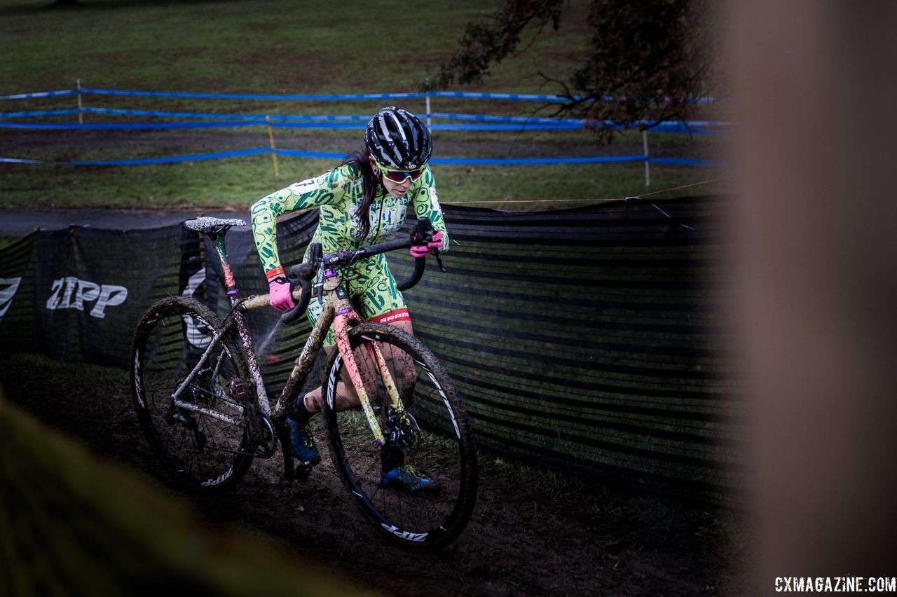 Sammi Runnels tackles one of the muddy run-ups. 2018 Cincinnati Cyclocross Day 1. © Greg Davis