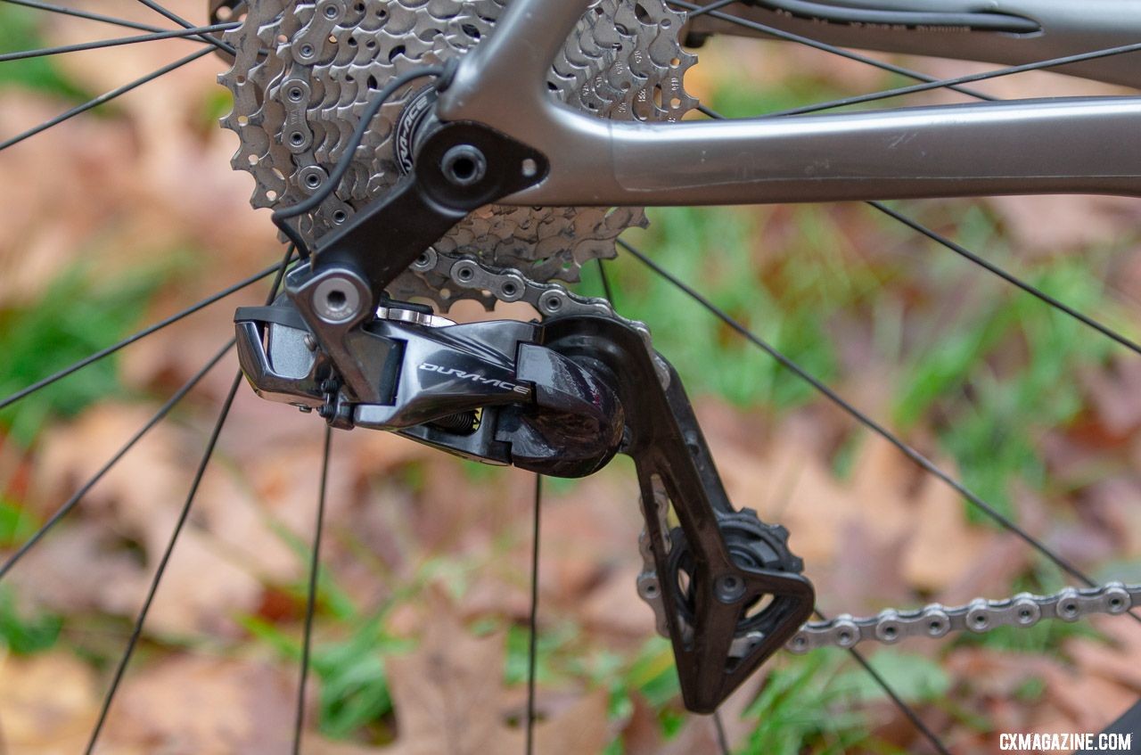 The redesign of Shimano rear derailleurs as part of the R9100 launch allows for direct mount hangers to be used. Few manufacturers offer a compatible hanger, but Cant made use of the feature. Sanne Cant's Stevens Super Prestige cyclocross bike. © A. Yee / Cyclocross Magazine