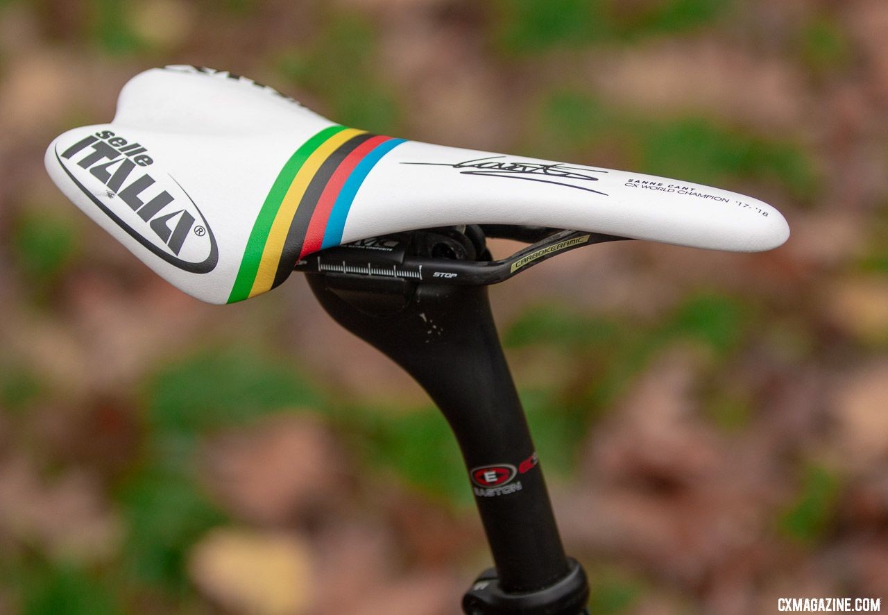 Selle Italia also got on board with rainbow stripes for the World Champion. Sanne Cant's Stevens Super Prestige cyclocross bike. © A. Yee / Cyclocross Magazine