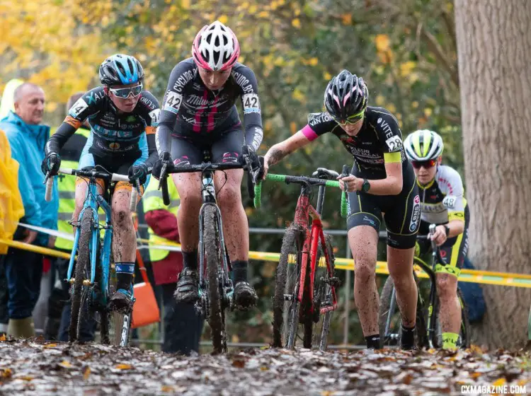 Four-wide: Esther van der Burg leads Aurélie Vermeir, Irene Gerritsen and Tereza Vanickova. 2018 Superprestige Gavere Women. © A. Yee / Cyclocross Magazine