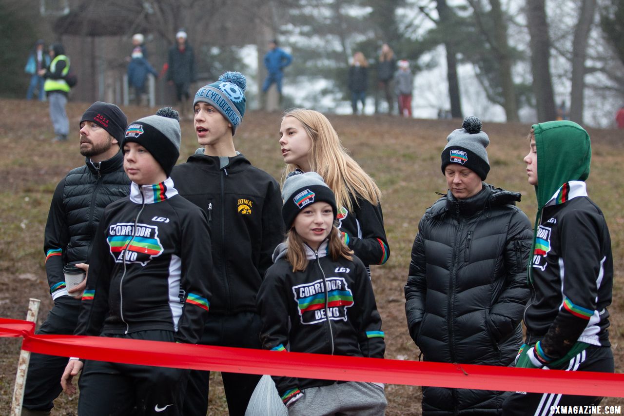 Corridor Devo was out in force on the course and on the sidelines. Junior Men 17-18. 2018 Cyclocross National Championships, Louisville, KY. © A. Yee / Cyclocross Magazine