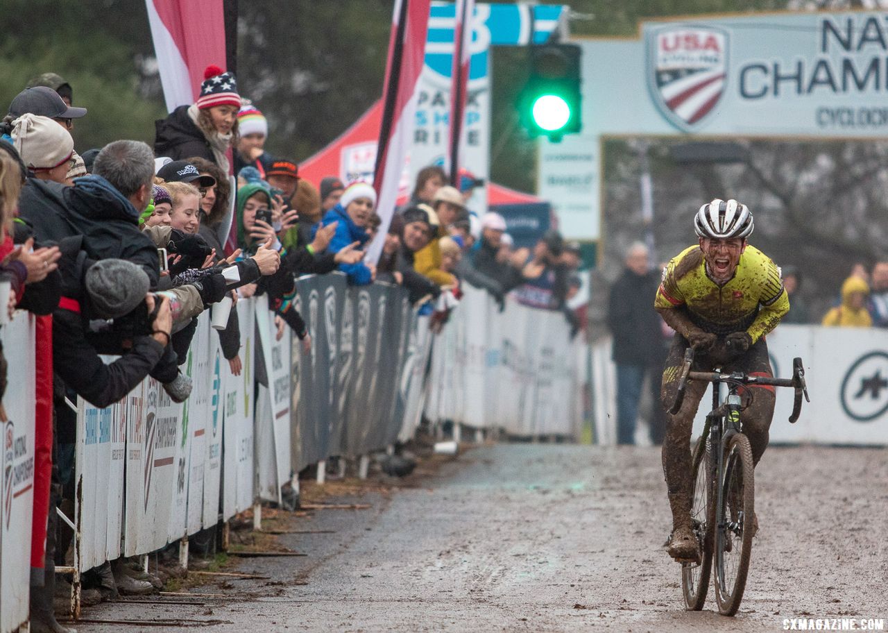 Morton wins the Junior Men 17-18 title, six years after starting cyclocross. 2018 Cyclocross National Championships, Louisville, KY. © A. Yee / Cyclocross Magazine