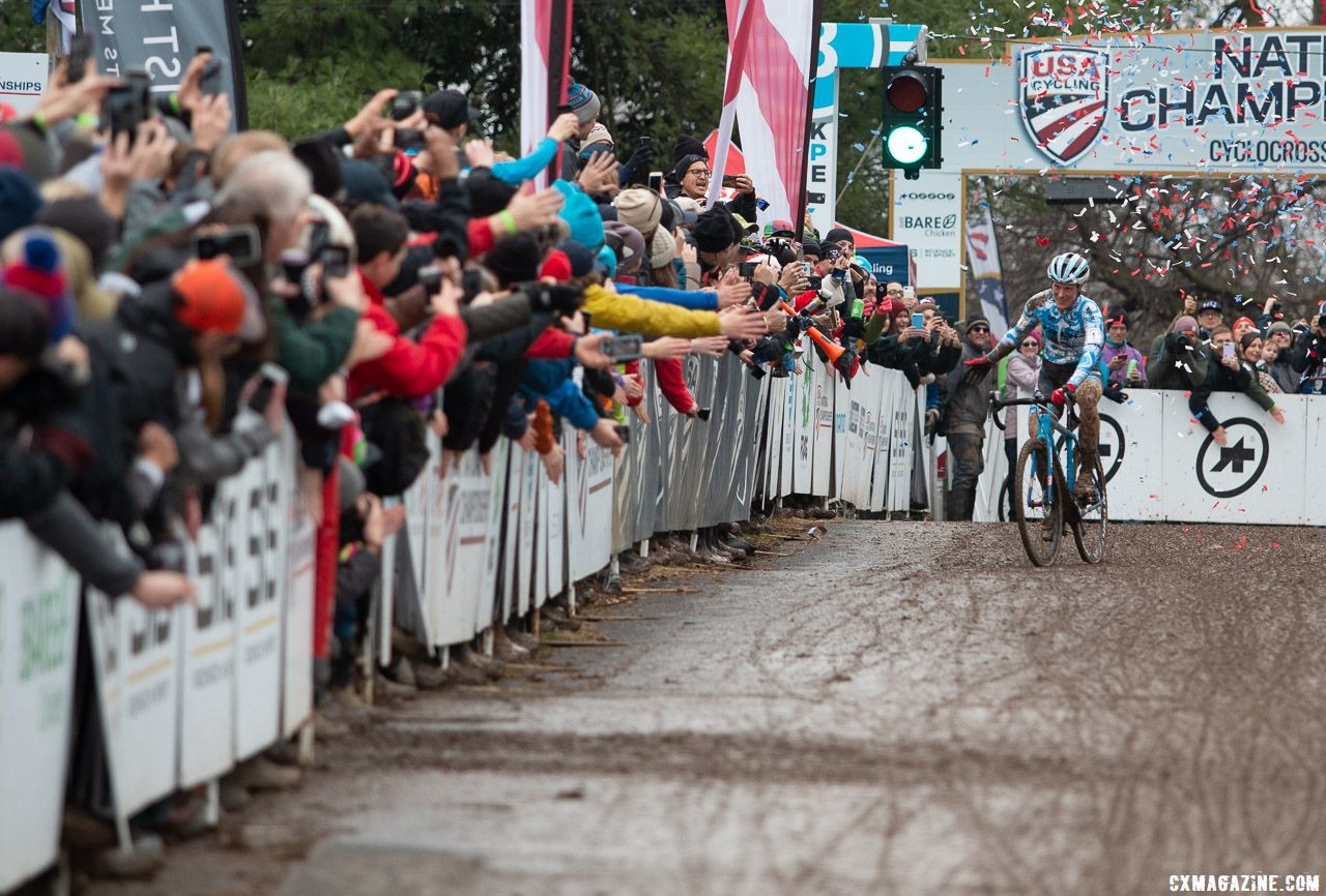 Compton got a shower of confetti as she headed down the finishing straight. Elite Women. 2018 Cyclocross National Championships, Louisville, KY. © A. Yee / Cyclocross Magazine