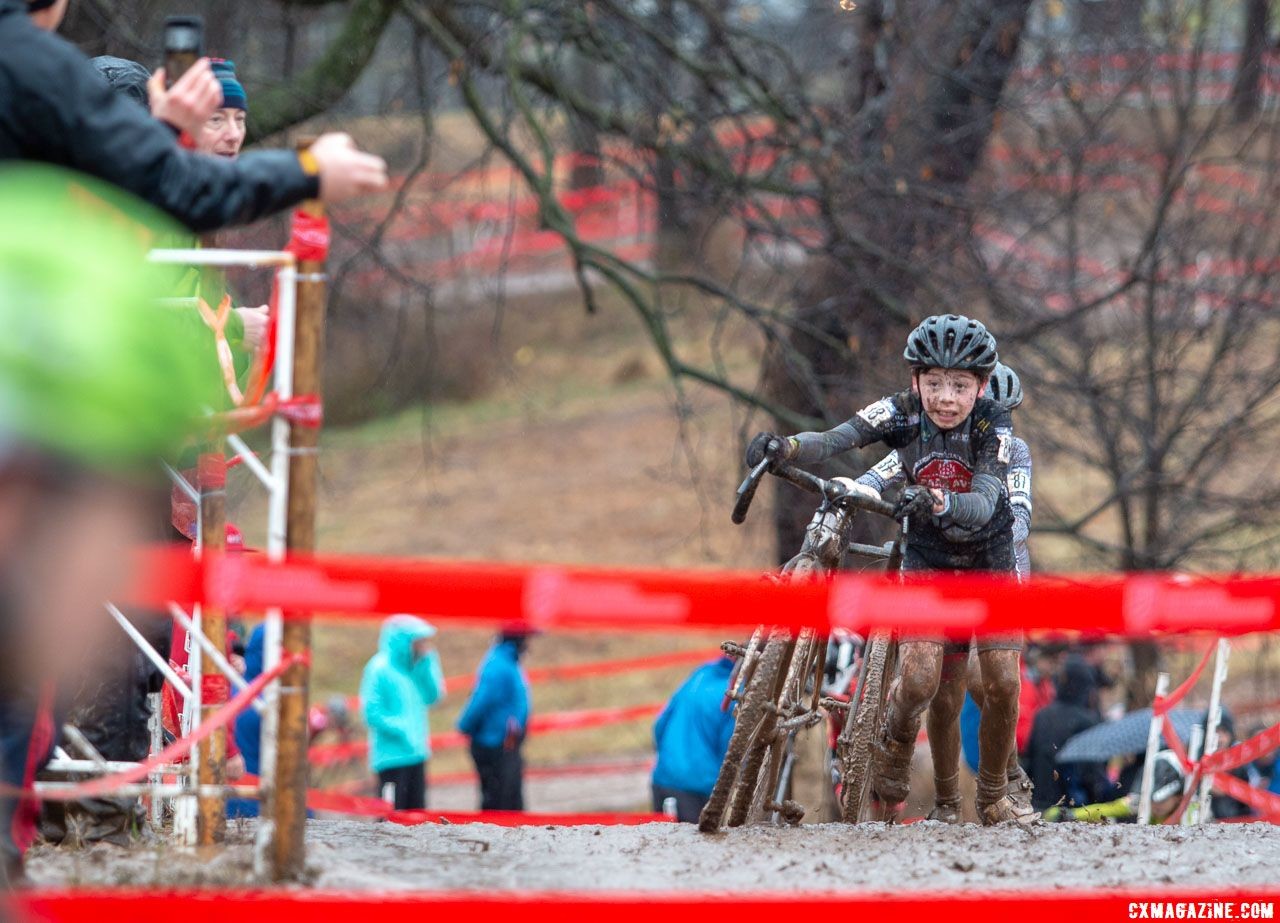 Jack Bernhard and Rowan Child crest the climb. Junior Men 11-12. 2018 Cyclocross National Championships, Louisville, KY. © A. Yee / Cyclocross Magazine