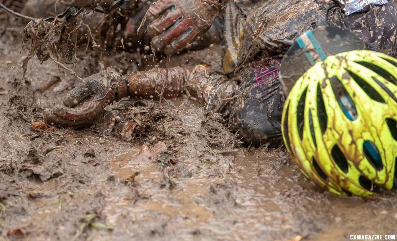 This young racer fell right after the line, as the pavement drops off into deep mud. Junior Men 11-12. 2018 Cyclocross National Championships, Louisville, KY. © A. Yee / Cyclocross Magazine