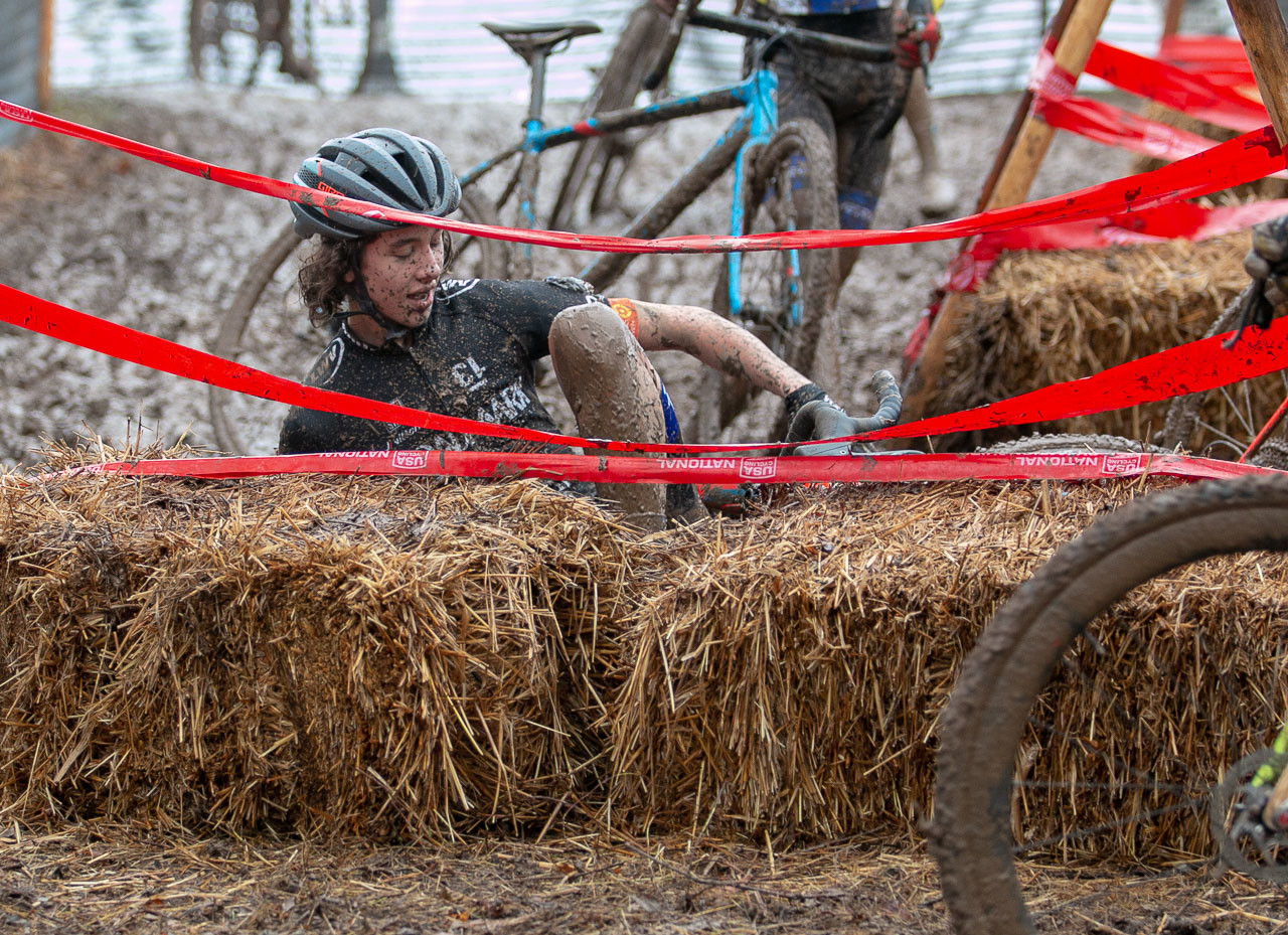 Strategically placed straw bales caught riders as they slid down the hill. Junior Men 15-16. 2018 Cyclocross National Championships, Louisville, KY. © A. Yee / Cyclocross Magazine