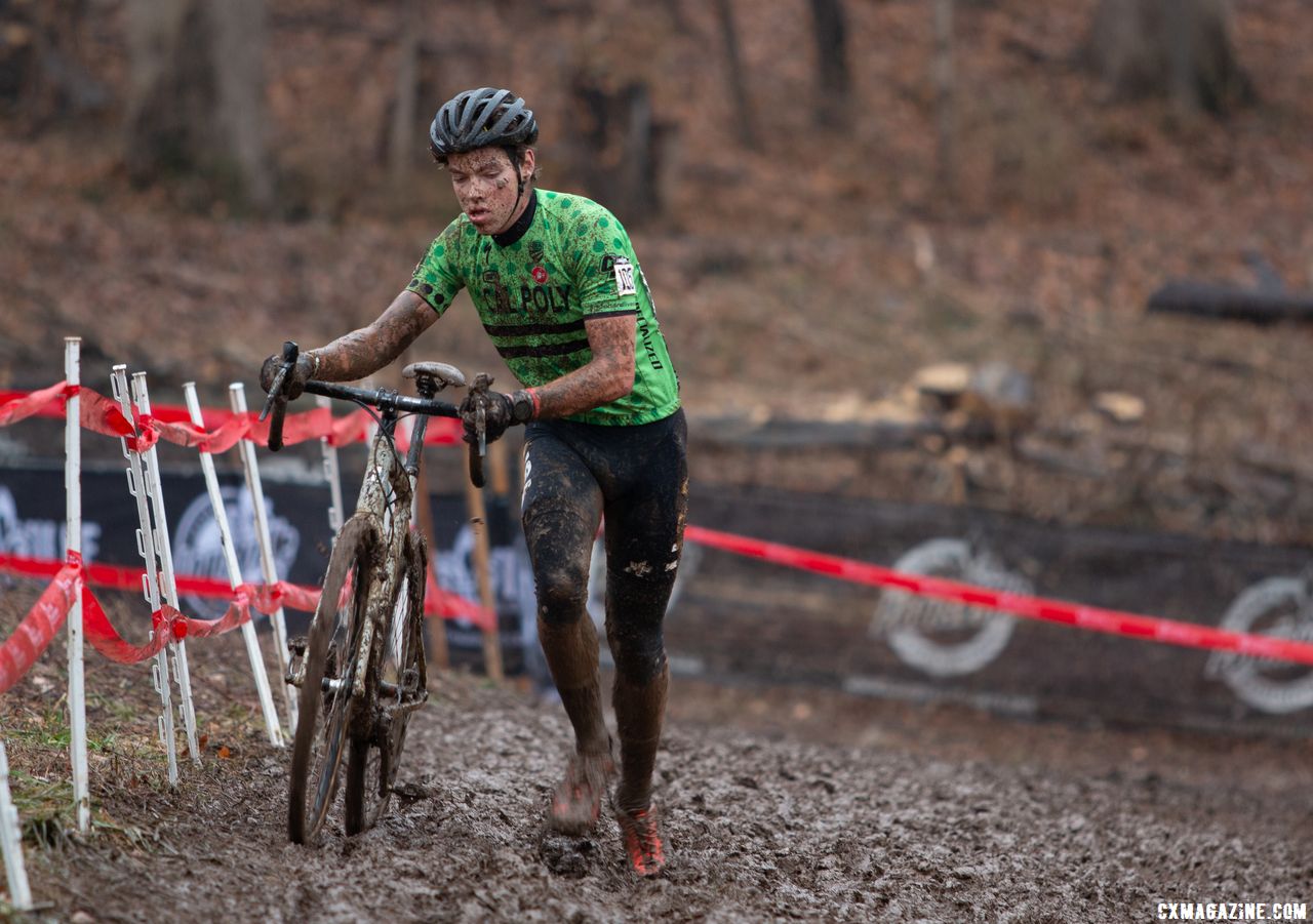 Calder Wood navigates one of countless running sections. Collegiate Club Men. 2018 Cyclocross National Championships, Louisville, KY. © A. Yee / Cyclocross Magazine