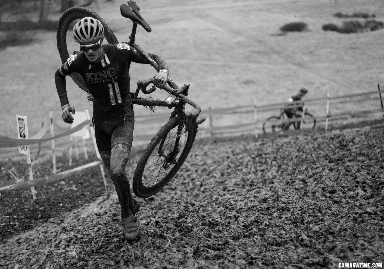 When you can barely ride much of the course, any form of carry goes. Collegiate Varsity Men. 2018 Cyclocross National Championships, Louisville, KY. © A. Yee / Cyclocross Magazine