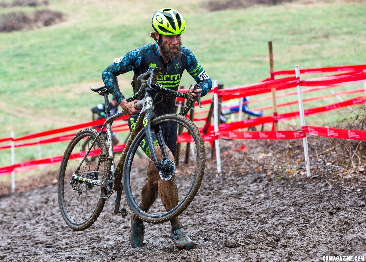 Jake Wells chases after Molly Cameron. Masters Men 40-44. 2018 Cyclocross National Championships, Louisville, KY. © K. Baumgardt / Cyclocross Magazine