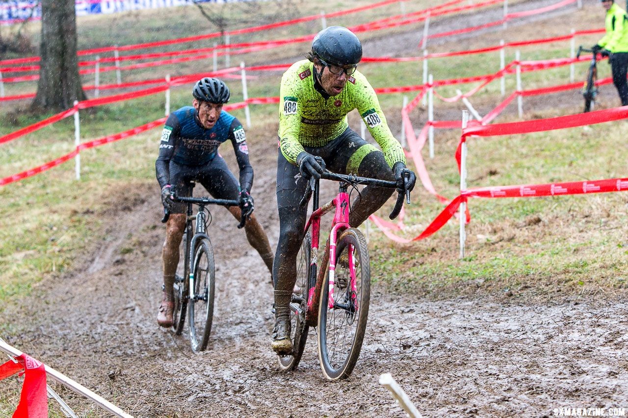 Descents became more slick as time passed, leaving riders on the edge of balance. Masters Men 45-49. 2018 Cyclocross National Championships, Louisville, KY. © K. Baumgardt / Cyclocross Magazine