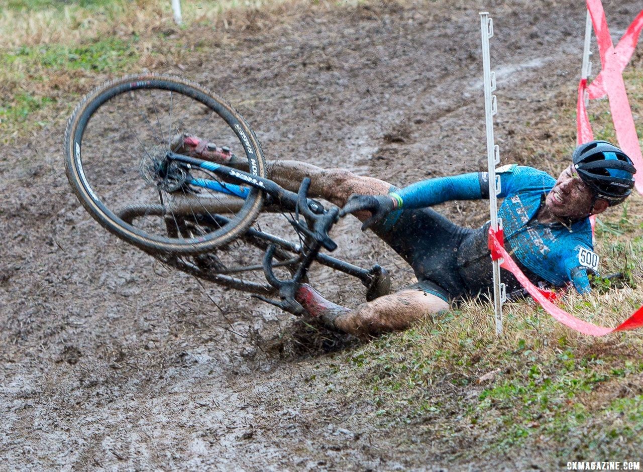 As the mud softened ruts shifted and previously trustworthy lines changed. Masters Men 45-49. 2018 Cyclocross National Championships, Louisville, KY. © K. Baumgardt / Cyclocross Magazine