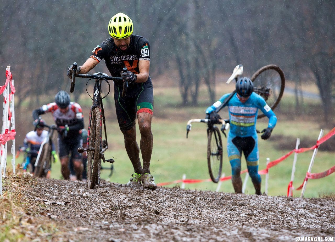 Riders pushed as much as they rode in the deep mud. Masters Men 45-49. 2018 Cyclocross National Championships, Louisville, KY. © K. Baumgardt / Cyclocross Magazine