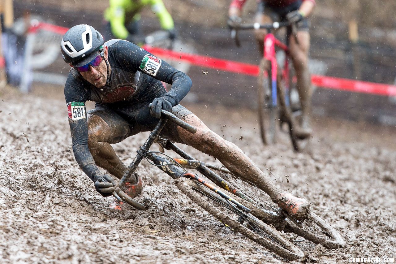 Wheels washed out under riders as conditions became more slick. Masters Men 45-49. 2018 Cyclocross National Championships, Louisville, KY. © K. Baumgardt / Cyclocross Magazine