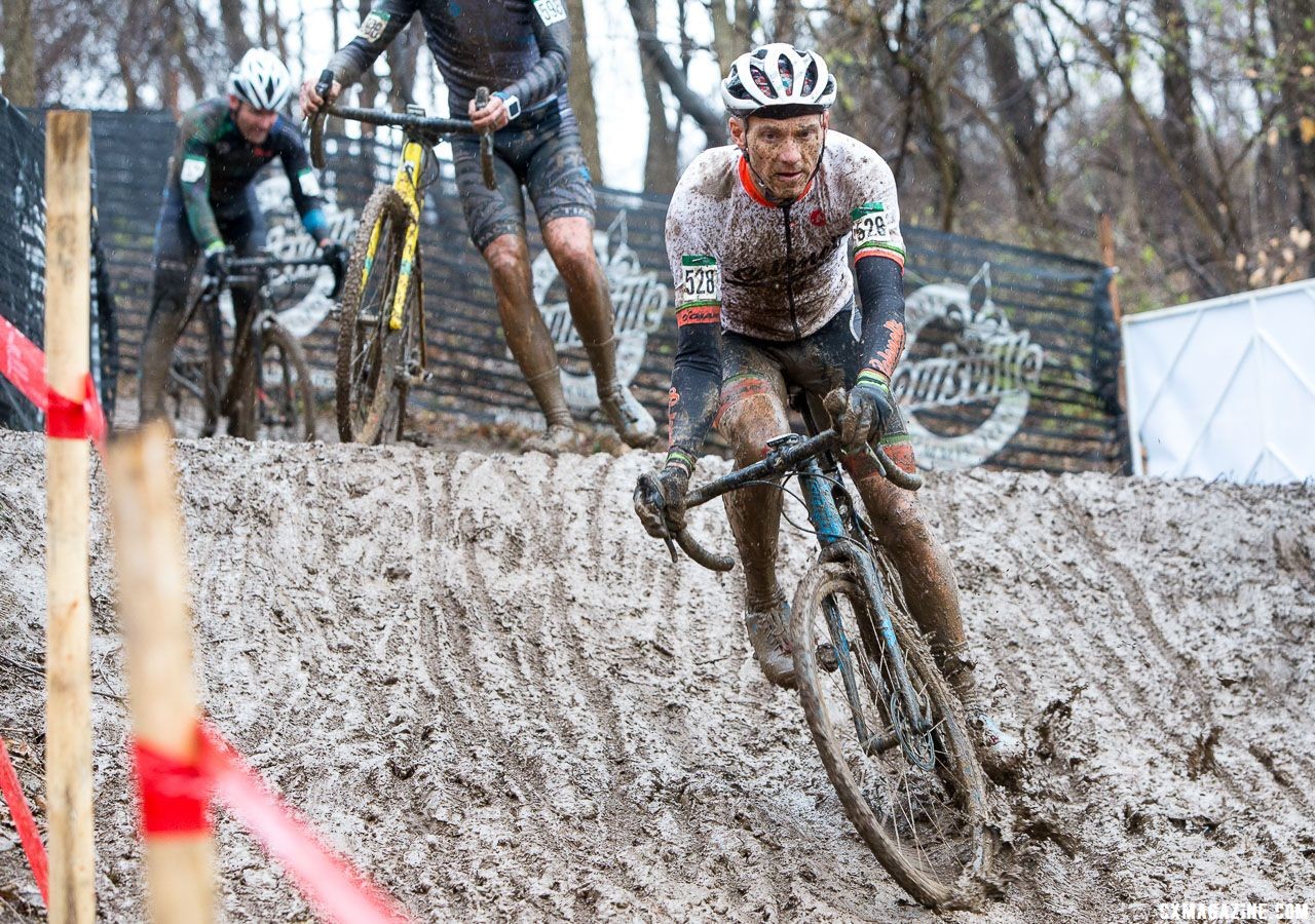 Wheels washed out under riders as conditions became more slick. Masters Men 45-49. 2018 Cyclocross National Championships, Louisville, KY. © K. Baumgardt / Cyclocross Magazine