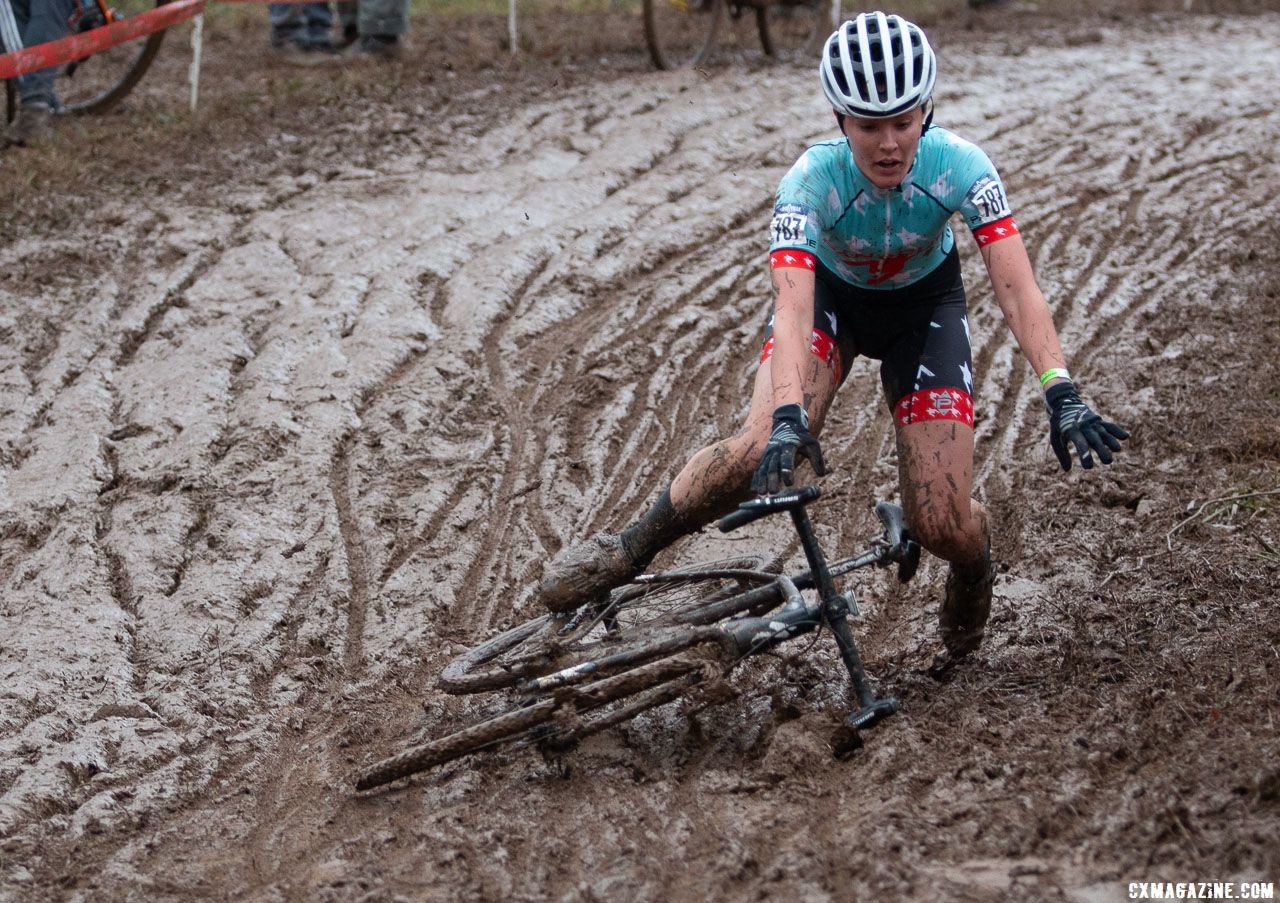 Deep ruts grabbed wheels and sent riders over the bars. Singlespeed Women. 2018 Cyclocross National Championships, Louisville, KY. © A. Yee / Cyclocross Magazine