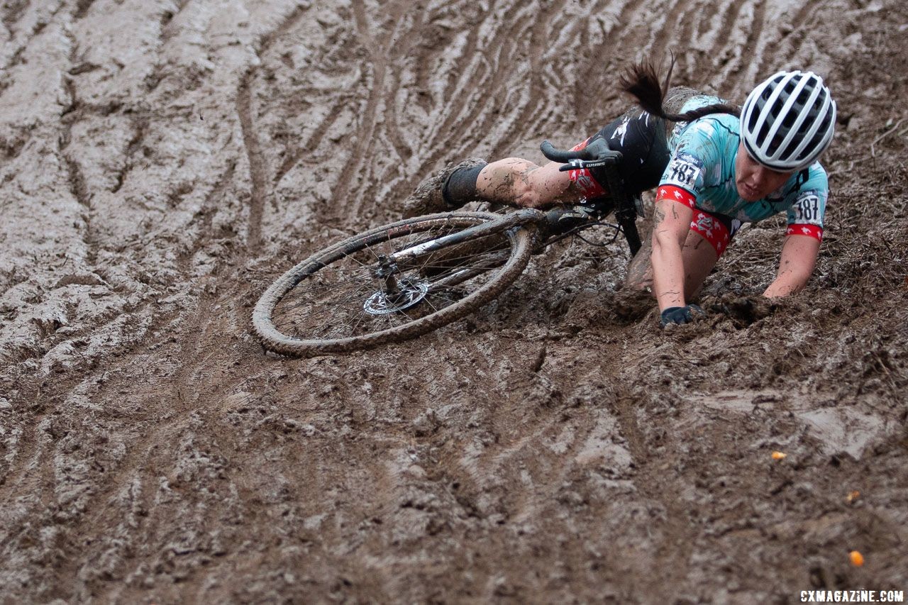 Deep ruts grabbed wheels and sent riders over the bars. Singlespeed Women. 2018 Cyclocross National Championships, Louisville, KY. © A. Yee / Cyclocross Magazine