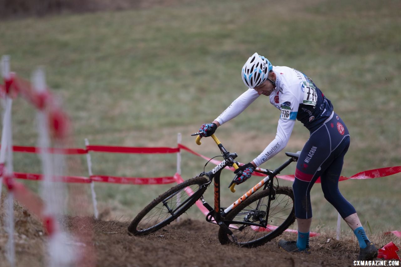 Paul Neff wrestles his bike uphill. Masters Men 55-59. 2018 Cyclocross National Championships, Louisville, KY. © A. Yee / Cyclocross Magazine