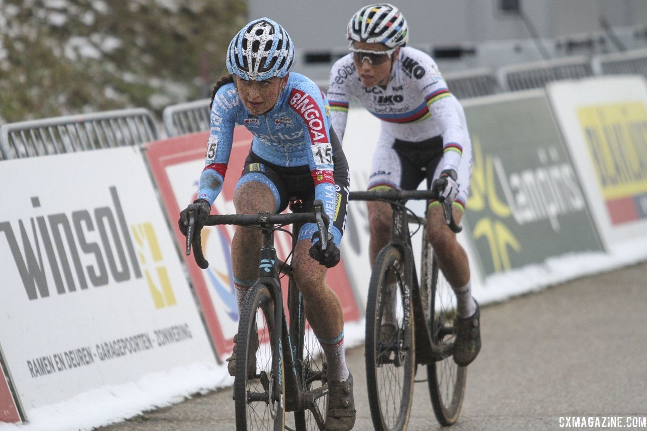 Denise Betsema and Sanne Cant battled deep into the race. 2018 Superprestige Zonhoven. © B. Hazen / Cyclocross Magazine