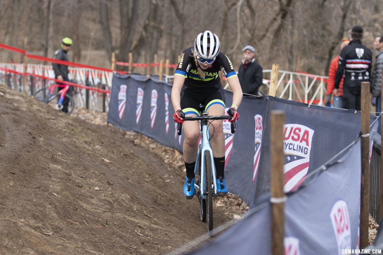 Laurel Rathbun takes the low line. She would go on to finish 6th. Collegiate Varsity Women. 2018 Cyclocross National Championships, Louisville, KY. © A. Yee / Cyclocross Magazine