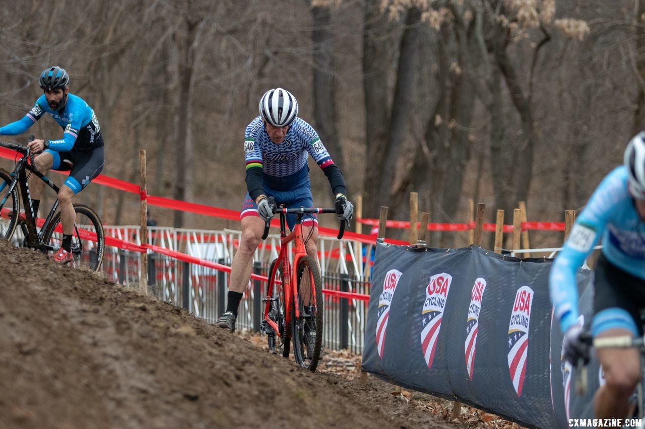 Faia goes high in search of traction. Masters 50-54. 2018 Cyclocross National Championships, Louisville, KY. © A. Yee / Cyclocross Magazine