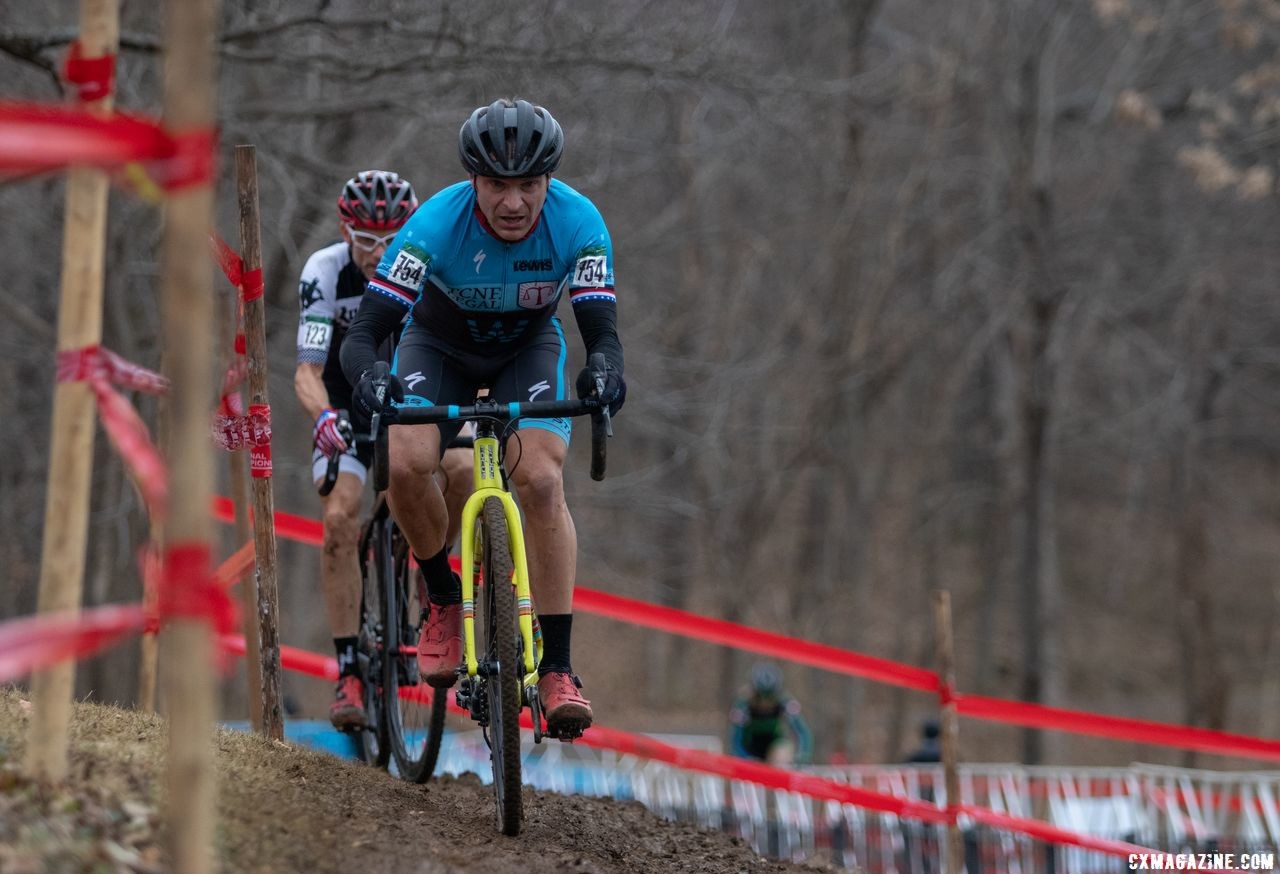 James Cochran and Paul Bourcier took the high line. Cochran would go on to finish 4th. Masters 50-54. 2018 Cyclocross National Championships, Louisville, KY. © A. Yee / Cyclocross Magazine