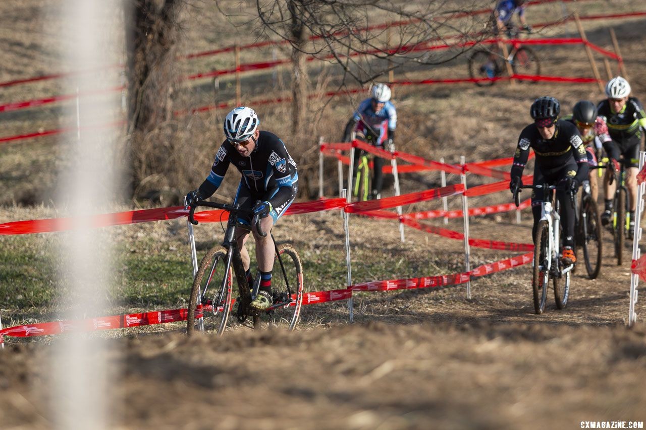 Brubaker puts in a dig with Downs chasing. Masters Men 60-64. 2018 Cyclocross National Championships, Louisville, KY. © A. Yee / Cyclocross Magazine