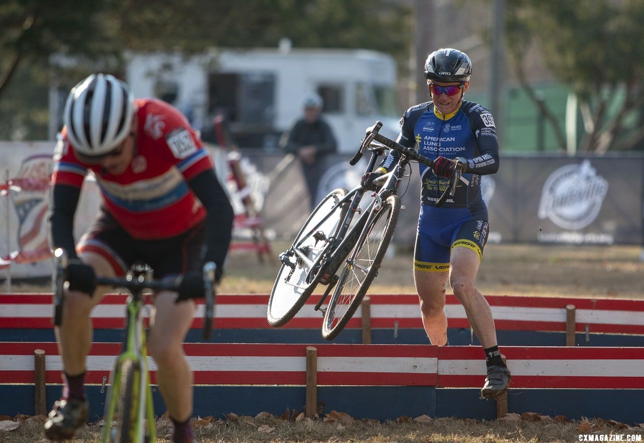 Paul Curley, with his iconic spoke cover, had a strong start but did not factor late. Masters Men 60-64. 2018 Cyclocross National Championships, Louisville, KY. © A. Yee / Cyclocross Magazine